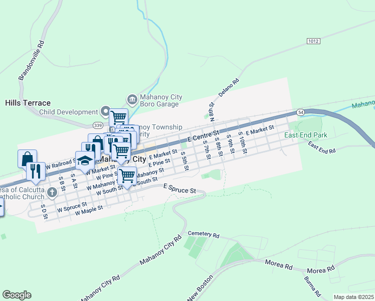 map of restaurants, bars, coffee shops, grocery stores, and more near 515 East Pine Street in Mahanoy City