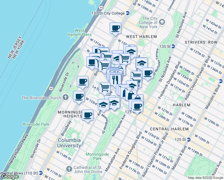 map of restaurants, bars, coffee shops, grocery stores, and more near Amsterdam Avenue in New York