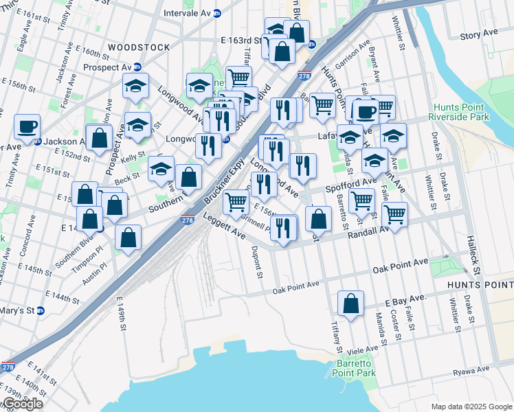 map of restaurants, bars, coffee shops, grocery stores, and more near 1139 East 156th Street in Bronx