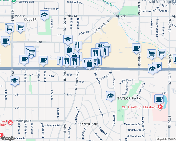 map of restaurants, bars, coffee shops, grocery stores, and more near 6005 O Street in Lincoln