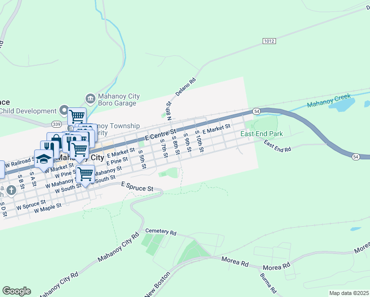 map of restaurants, bars, coffee shops, grocery stores, and more near 827 East Mahanoy Street in Mahanoy City