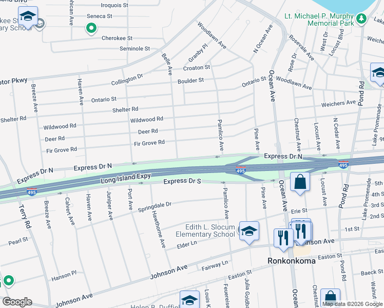 map of restaurants, bars, coffee shops, grocery stores, and more near 4479 Express Drive North in Ronkonkoma