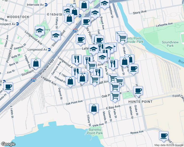 map of restaurants, bars, coffee shops, grocery stores, and more near 640 Barretto Street in The Bronx