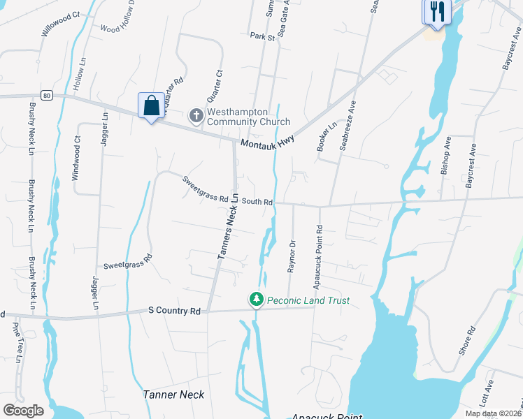 map of restaurants, bars, coffee shops, grocery stores, and more near 161 South Road in Westhampton