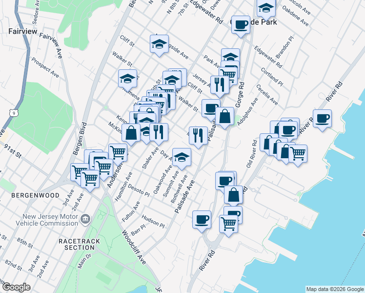 map of restaurants, bars, coffee shops, grocery stores, and more near 235 Washington Place in Cliffside Park