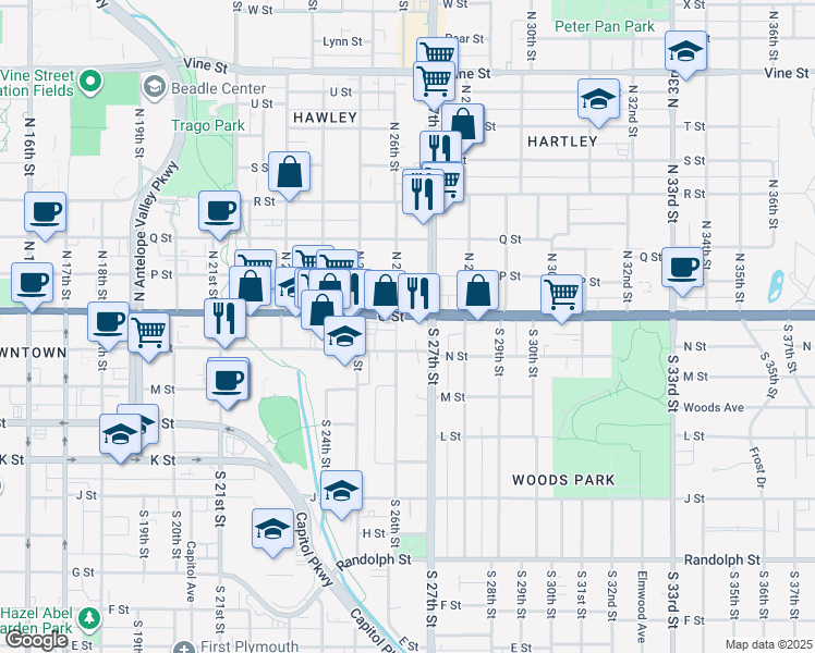 map of restaurants, bars, coffee shops, grocery stores, and more near 2544 U.S. 34 in Lincoln