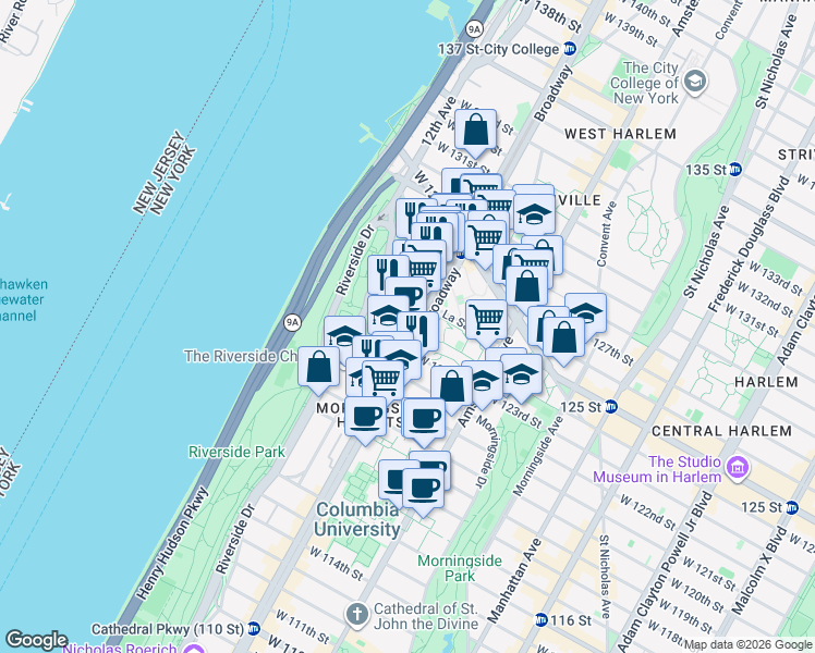 map of restaurants, bars, coffee shops, grocery stores, and more near in New York