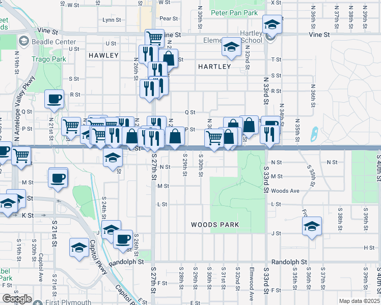 map of restaurants, bars, coffee shops, grocery stores, and more near 2911 O Street in Lincoln