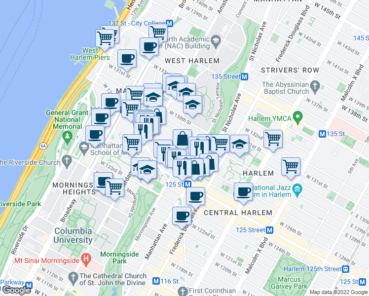 map of restaurants, bars, coffee shops, grocery stores, and more near 21 Convent Avenue in New York