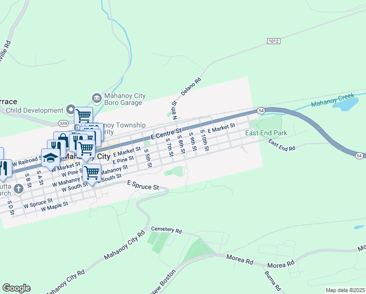 map of restaurants, bars, coffee shops, grocery stores, and more near 800 East Pine Street in Mahanoy City