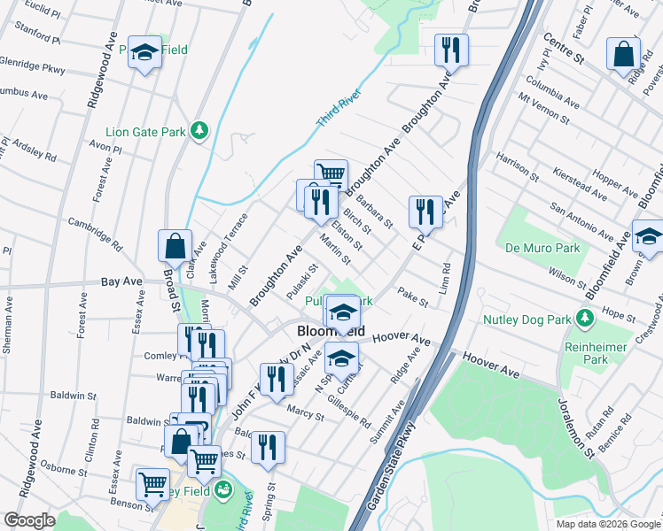 map of restaurants, bars, coffee shops, grocery stores, and more near 24 Howard Street in Bloomfield