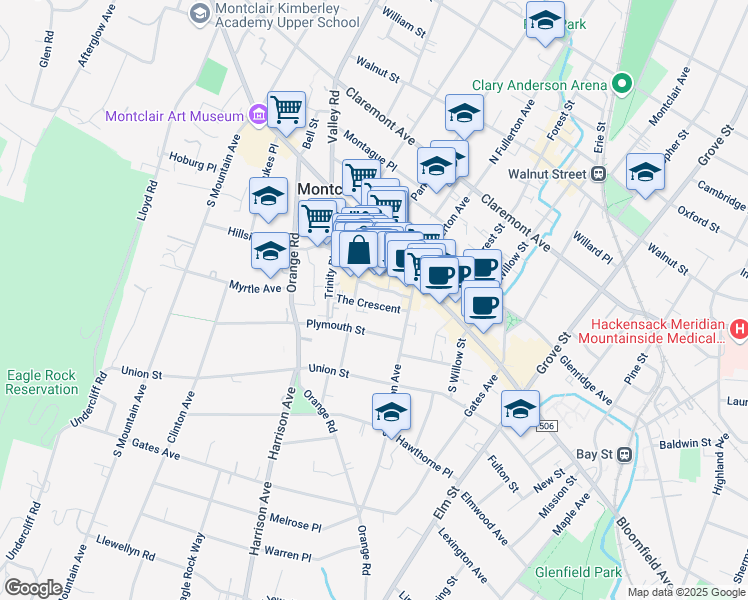 map of restaurants, bars, coffee shops, grocery stores, and more near 55 South Park Street in Montclair