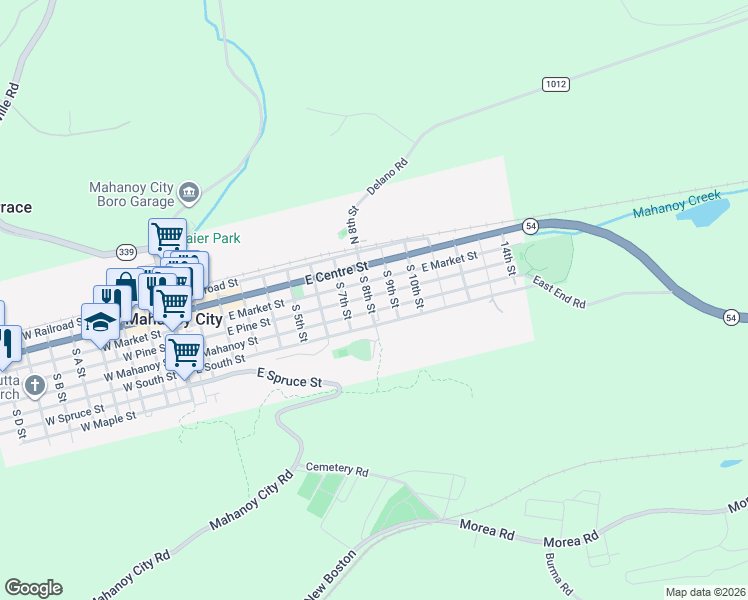 map of restaurants, bars, coffee shops, grocery stores, and more near 833 East Pine Street in Mahanoy City