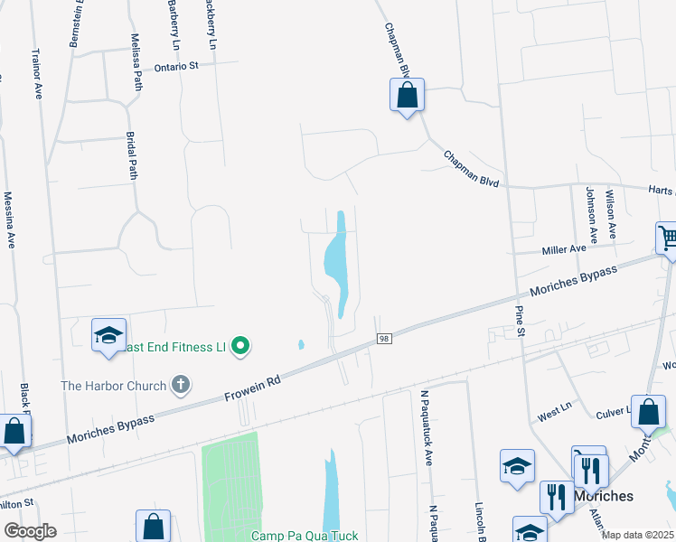 map of restaurants, bars, coffee shops, grocery stores, and more near 203 Walden Court in East Moriches