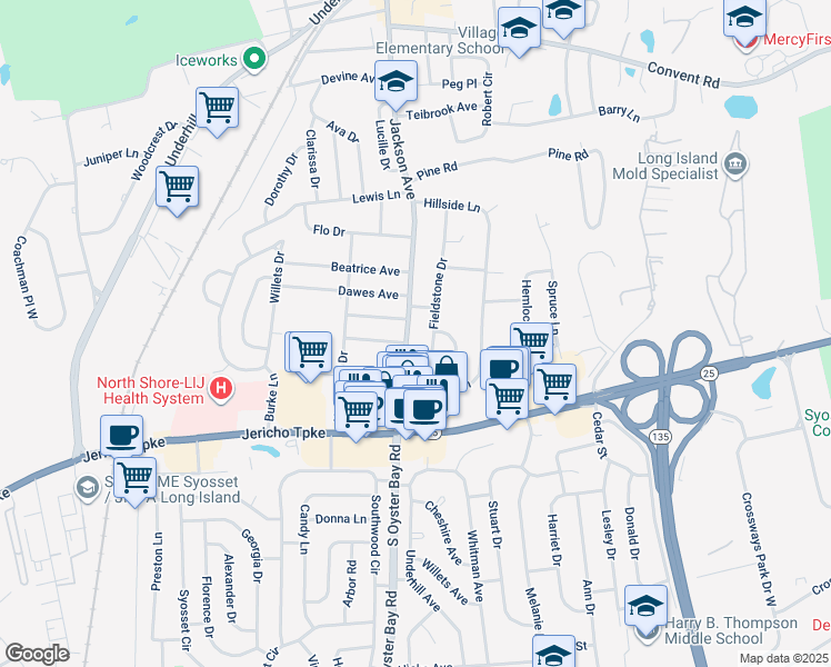map of restaurants, bars, coffee shops, grocery stores, and more near 1 Walker Avenue in Syosset