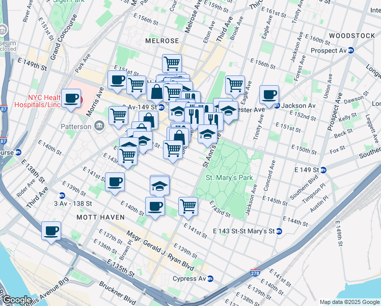 map of restaurants, bars, coffee shops, grocery stores, and more near 502 East 147th Street in The Bronx