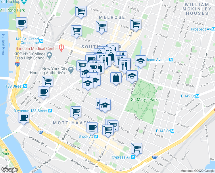 map of restaurants, bars, coffee shops, grocery stores, and more near 455 East 146th Street in Bronx