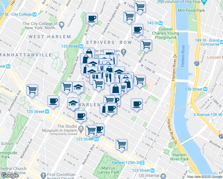 map of restaurants, bars, coffee shops, grocery stores, and more near in New York