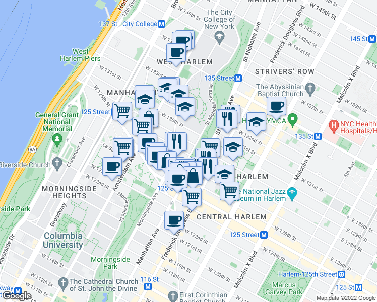 map of restaurants, bars, coffee shops, grocery stores, and more near 35 Saint Nicholas Terrace in New York