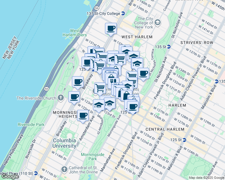 map of restaurants, bars, coffee shops, grocery stores, and more near 1351-1353 Amsterdam Avenue in New York