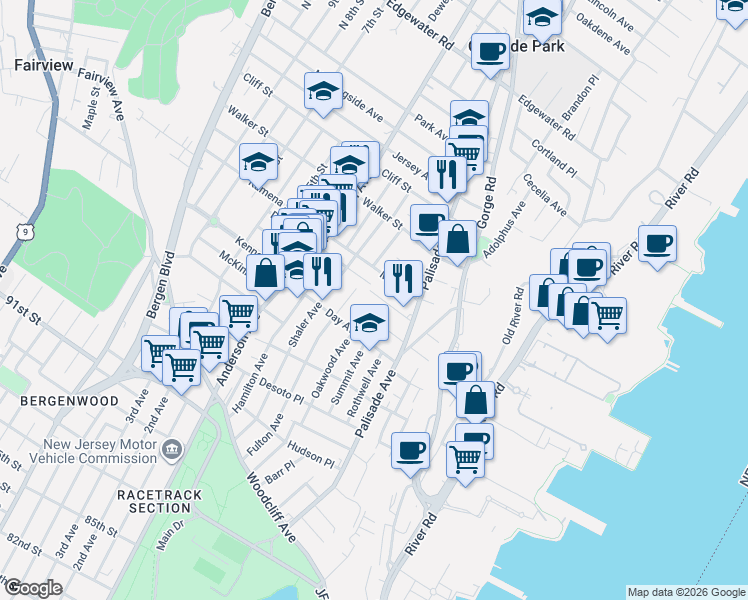 map of restaurants, bars, coffee shops, grocery stores, and more near 235 Washington Place in Cliffside Park