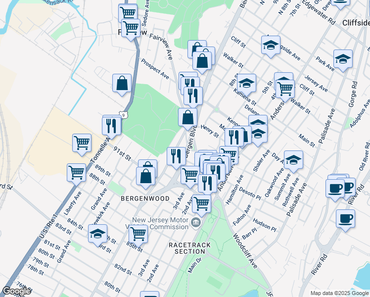 map of restaurants, bars, coffee shops, grocery stores, and more near 50 Bergenwood Road in Fairview