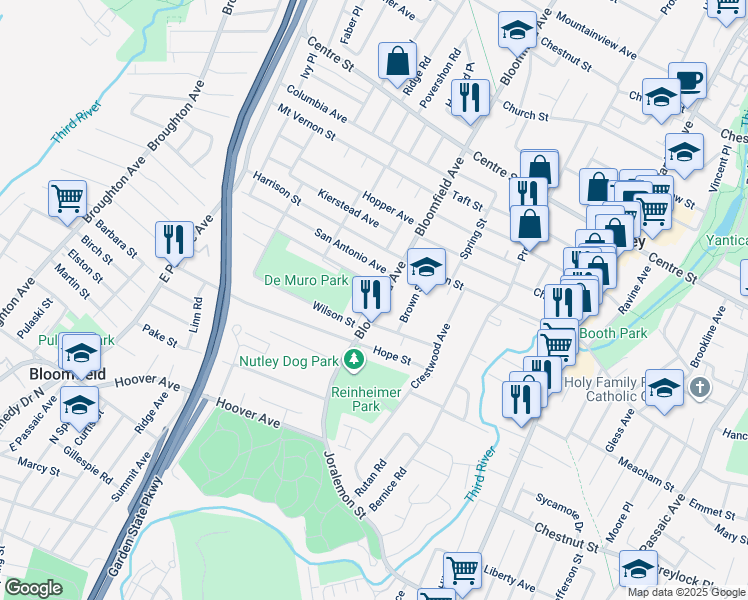 map of restaurants, bars, coffee shops, grocery stores, and more near 15 Margaret Avenue in Nutley