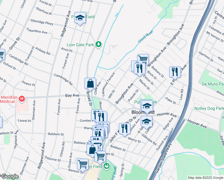 map of restaurants, bars, coffee shops, grocery stores, and more near 39 Lakewood Terrace in Bloomfield