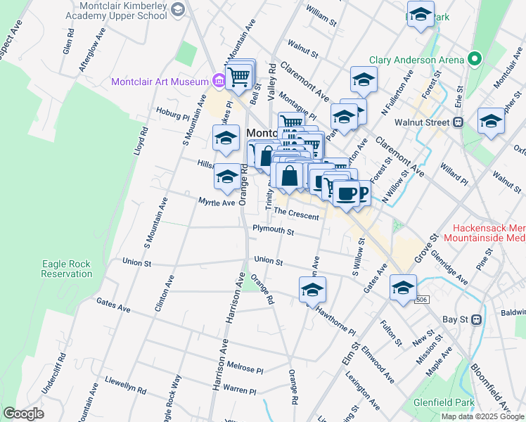 map of restaurants, bars, coffee shops, grocery stores, and more near 21 Trinity Place in Montclair