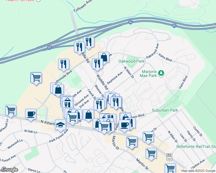 map of restaurants, bars, coffee shops, grocery stores, and more near 121 Seymore Avenue in State College