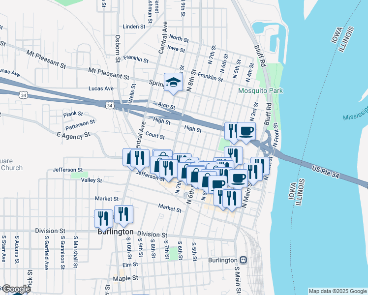 map of restaurants, bars, coffee shops, grocery stores, and more near 701-715 Court Street in Burlington