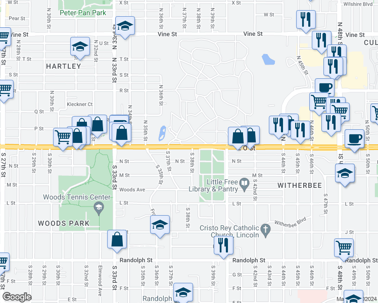 map of restaurants, bars, coffee shops, grocery stores, and more near 102 South 38th Street in Lincoln