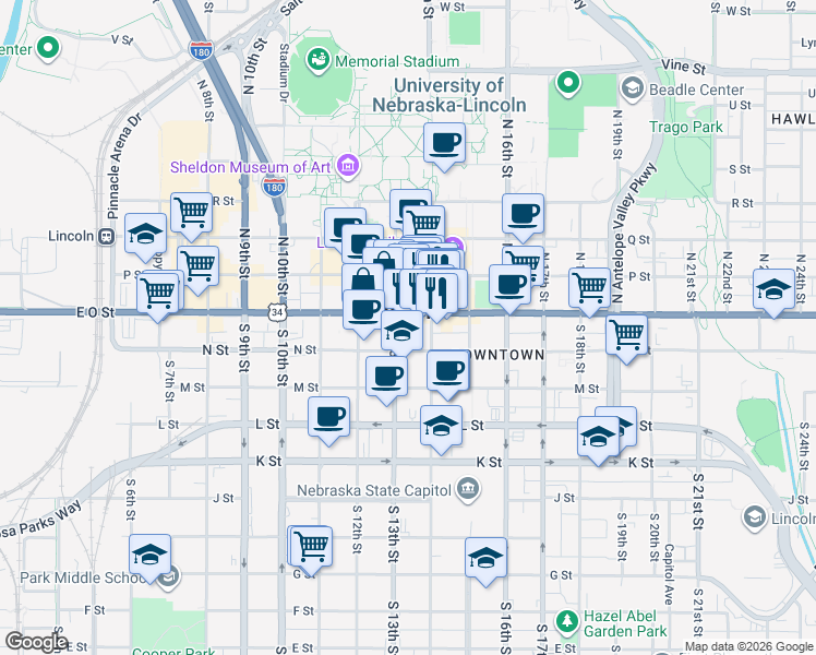 map of restaurants, bars, coffee shops, grocery stores, and more near in Lincoln
