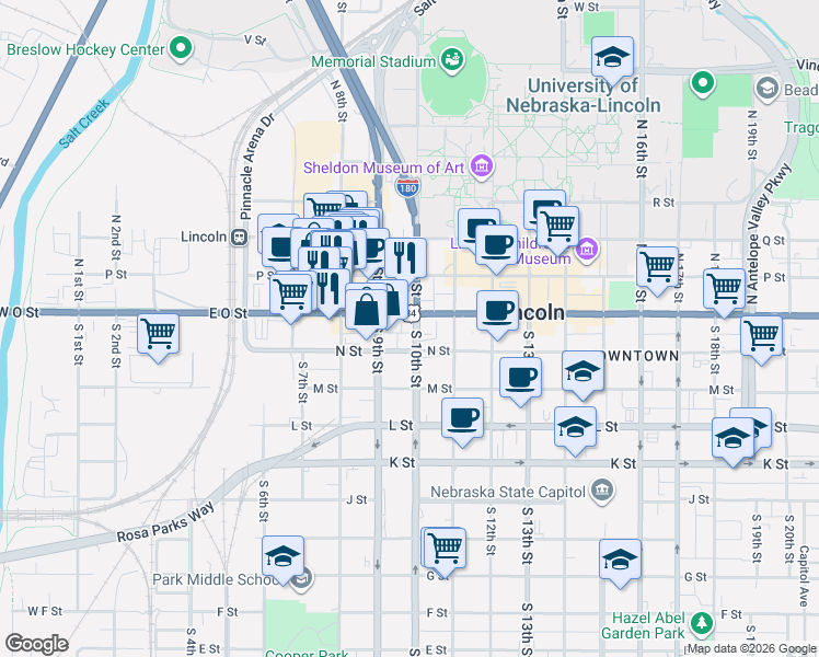 map of restaurants, bars, coffee shops, grocery stores, and more near 913 O Street in Lincoln