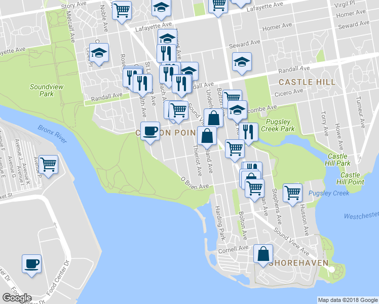 map of restaurants, bars, coffee shops, grocery stores, and more near 1827 Patterson Avenue in Bronx