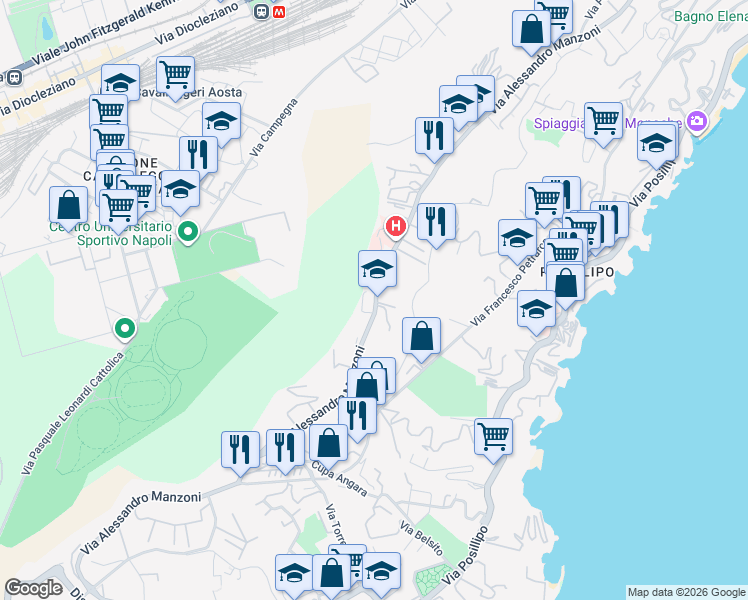 map of restaurants, bars, coffee shops, grocery stores, and more near 228 Via Alessandro Manzoni in Napoli