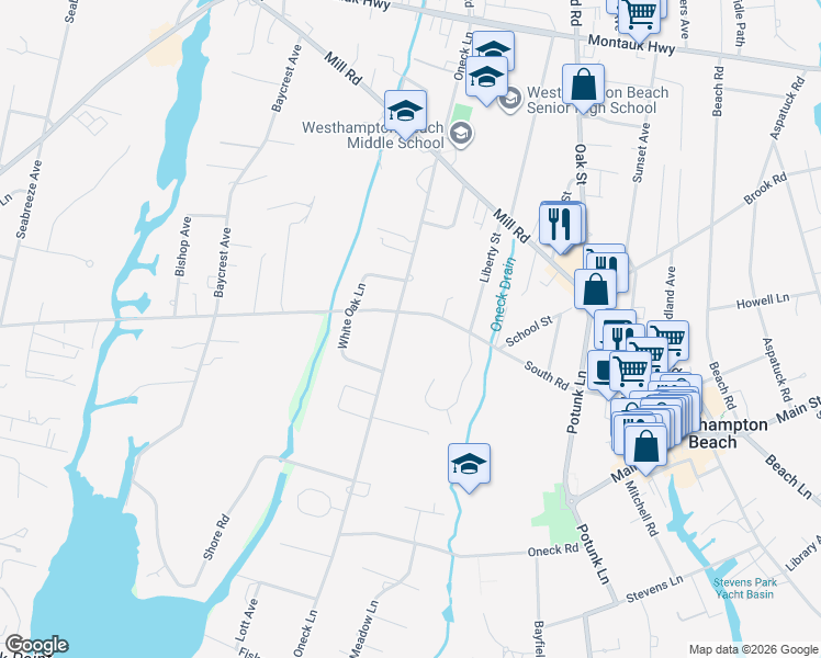 map of restaurants, bars, coffee shops, grocery stores, and more near 129 Oneck Lane in Westhampton Beach
