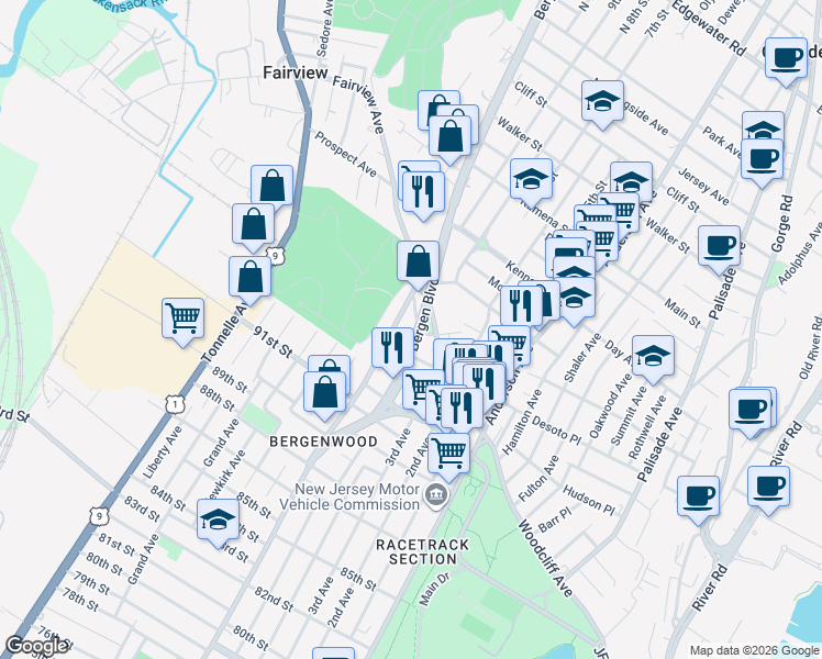 map of restaurants, bars, coffee shops, grocery stores, and more near 50 Bergenwood Road in Fairview