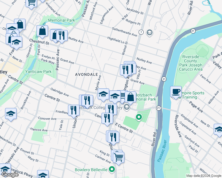 map of restaurants, bars, coffee shops, grocery stores, and more near 115 Walnut Street in Nutley