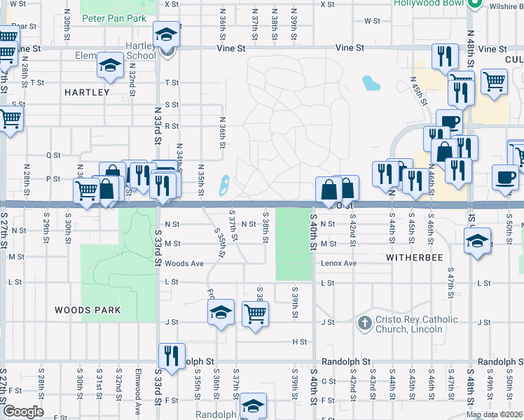 map of restaurants, bars, coffee shops, grocery stores, and more near 102 South 38th Street in Lincoln