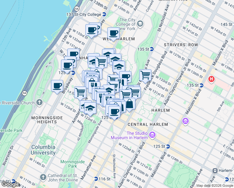 map of restaurants, bars, coffee shops, grocery stores, and more near 412 West 128th Street in New York