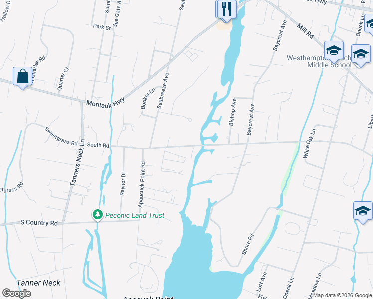 map of restaurants, bars, coffee shops, grocery stores, and more near 134 South Road in Westhampton