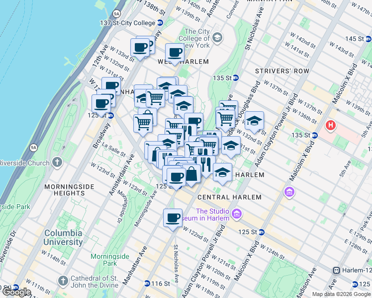 map of restaurants, bars, coffee shops, grocery stores, and more near 405 West 128th Street in New York