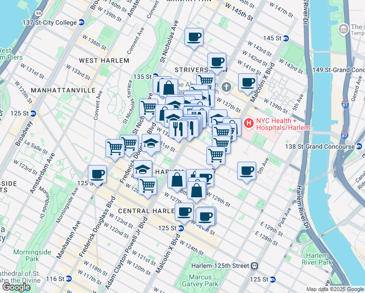 map of restaurants, bars, coffee shops, grocery stores, and more near 2236 7th Avenue in New York