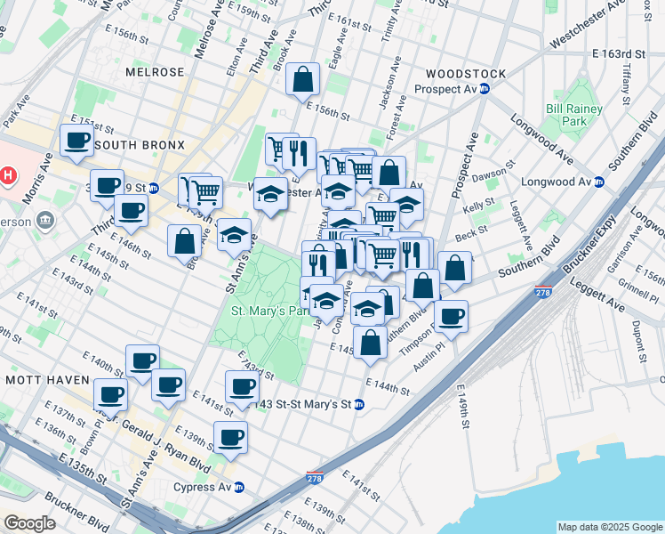 map of restaurants, bars, coffee shops, grocery stores, and more near Jackson Avenue in Bronx