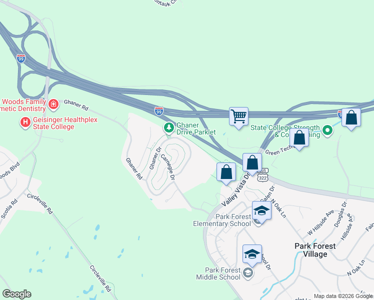 map of restaurants, bars, coffee shops, grocery stores, and more near 312 Ghaner Drive in State College