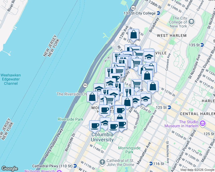 map of restaurants, bars, coffee shops, grocery stores, and more near 500 Riverside Drive in New York