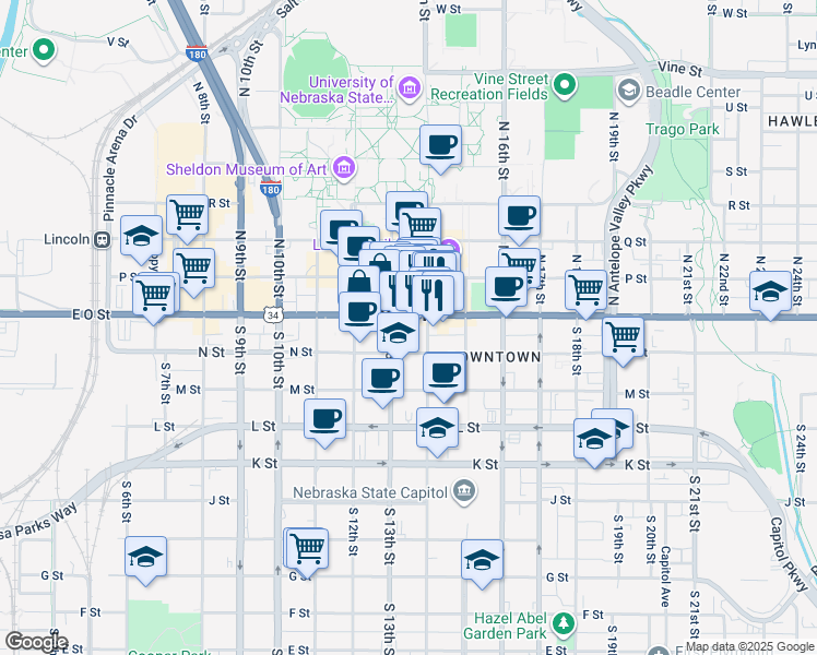 map of restaurants, bars, coffee shops, grocery stores, and more near in Lincoln