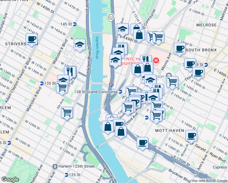 map of restaurants, bars, coffee shops, grocery stores, and more near 158 East 138th Street in The Bronx