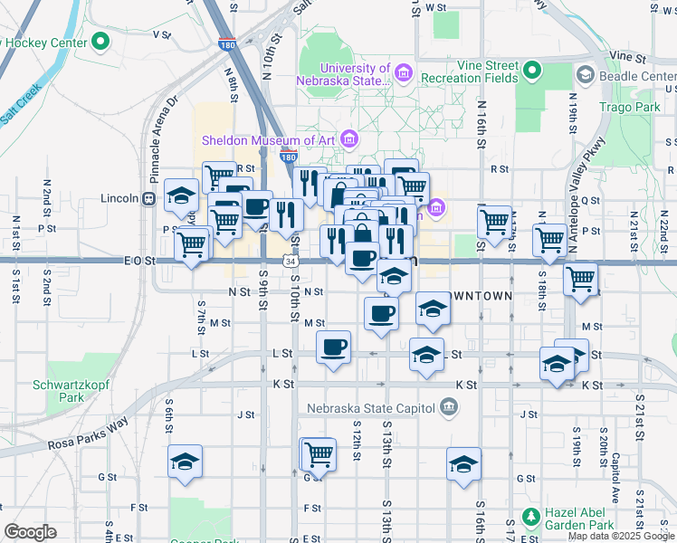 map of restaurants, bars, coffee shops, grocery stores, and more near 1111 O Street in Lincoln